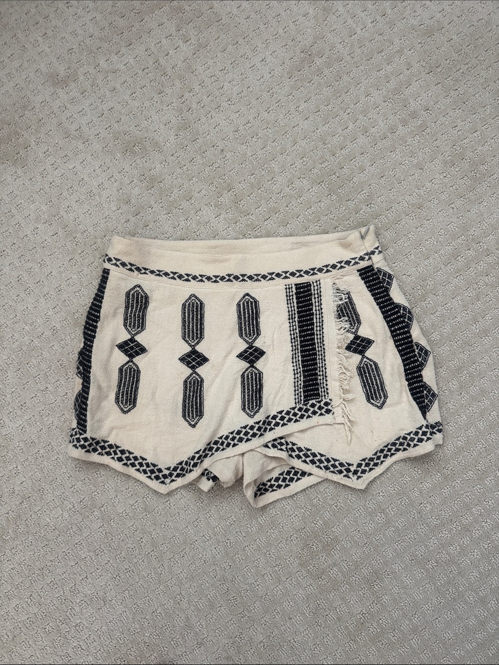 Free People Cream and Black Embroidered Scallop-Hem Shorts